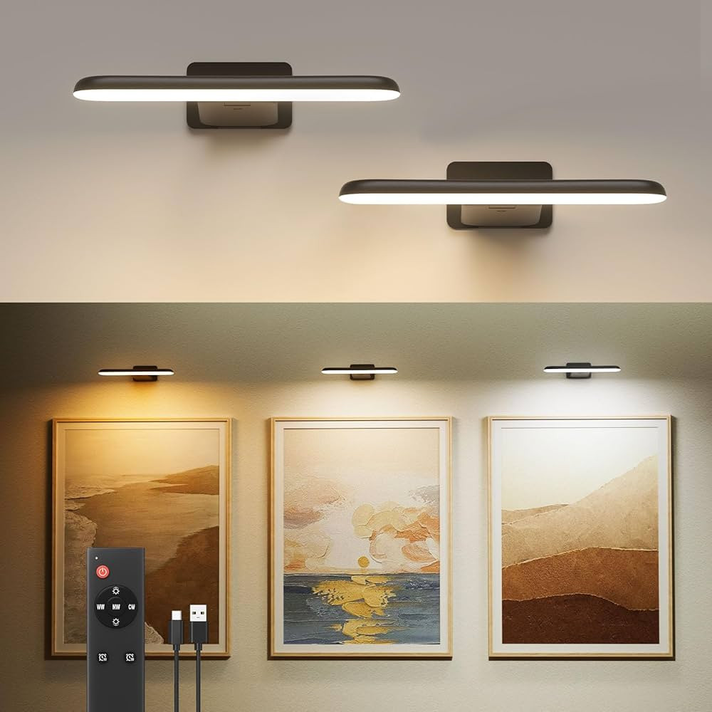 FULEN 2 Pack Picture Lights for Wall,Battery Operated Wall Sconce Rechargeable,LED Wall Light Cor... | Amazon (US)