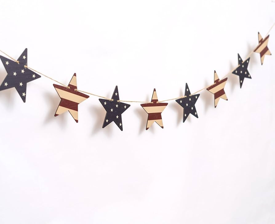 80" Vintage Patriotic Star Garland \u2013 Rustic Red White Blue Wooden Banner for 4th of July Ind... | Amazon (US)