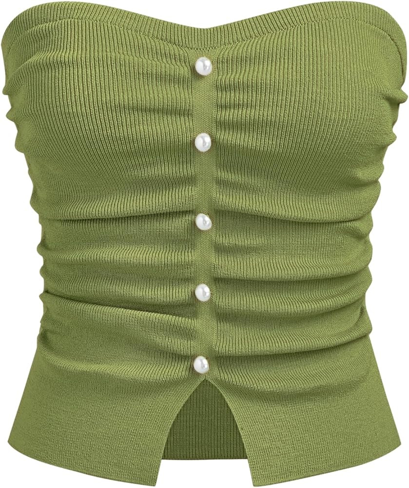 CIDER Faux Pearl Tube Tops for Women Crop Knit Split Hem Ruched Going Out Tops Cute Summer Outfit... | Amazon (US)