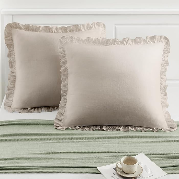 TOSMO 100% Linen Ruffle Pillowcase Euro Size, Linen Pillow Shams Set of 2, Stone-Washed Square Th... | Amazon (US)