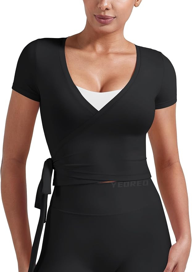 YEOREO Ease Women Pilates Wrap Top Short Sleeve Tie Ballet Shirt Y2k Deep V Neck Yoga Workout Top... | Amazon (US)