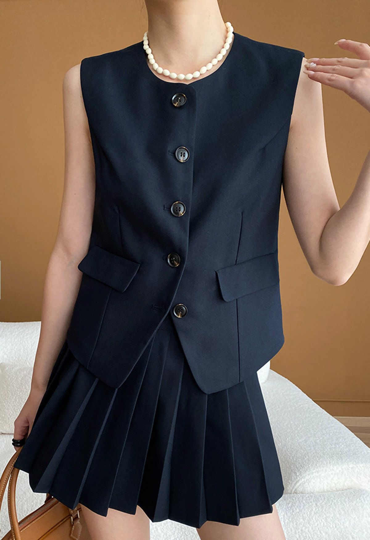 Button Front Vest Blazer and Pleated Mini Skirt Set in Navy | Chicwish
