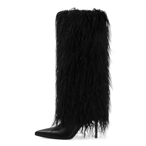 XBKXMK Black Fur Knee High Boots for Women Pointed Toe Stiletto Heel Fold Over Tall Boots Fashion Wide Calf Pull On Long Booties Casual | Amazon (US)