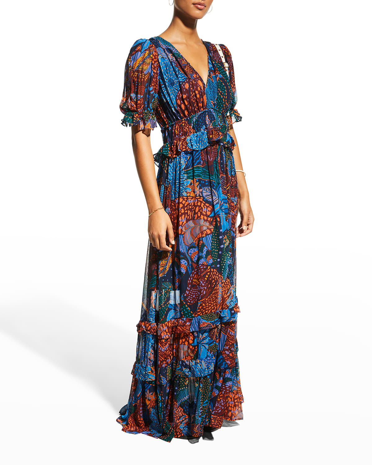 Blue Cool Leopard Ruffle Maxi Dress | Neiman Marcus