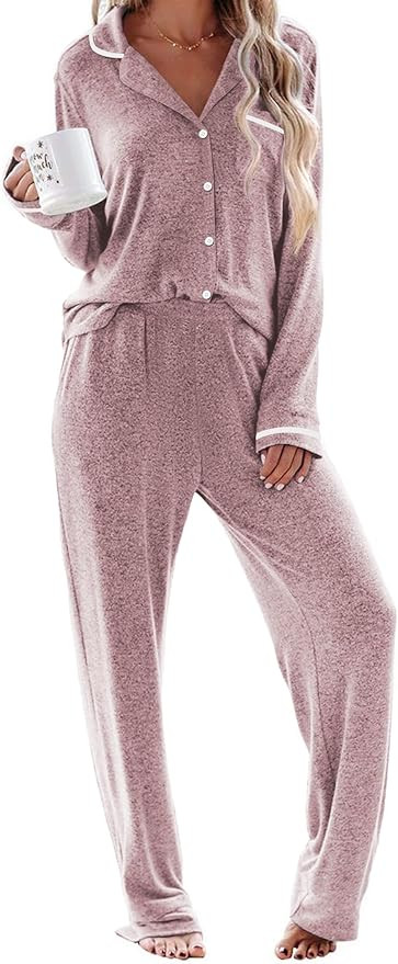 Ekouaer Women's Pajama Sets Long Sleeve Button Down 2 Piece Pjs Soft Lounge Sets Notch Collar Sle... | Amazon (US)