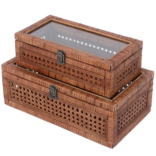 DECOR4SEASON Rattan and Cane Stacking Boxes with Glass Top Lid - Set of 2 11.8" and 14.1", for Boho and Rustic Farmhouse Decor, Brown | Amazon (US)