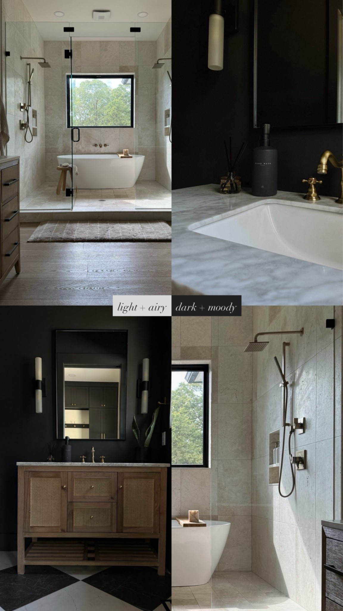 Two different bathroom moments. When you love light and airy and dark and moody ✨🛁🤍🤎🖤

Primary bath shower tile: Terra Nuova Brushed Marble tile in 16x24 and 8x8. Grout is Mapei “Biscuit” 

Soap + shampoo dispensers: The Polished Jar 

#LTKHome #LTKSaleAlert #LTKSpringSale