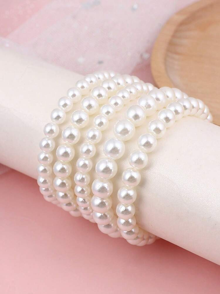 5pcs/Set Stylish Beige Faux Pearl Bracelets | SHEIN