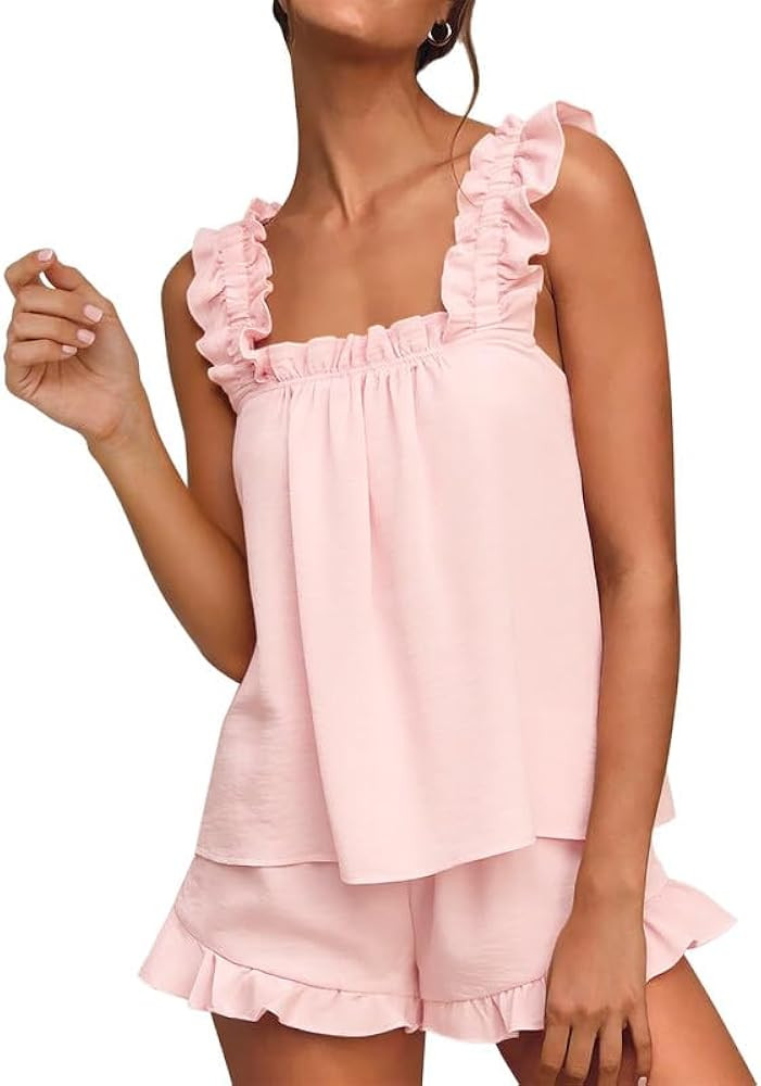 Marvmys Womens Pajamas Set 2 Piece Ruffle Bridal Cute Pajamas Sexy Tank Top and Shorts Bride Slee... | Amazon (US)