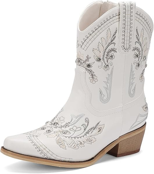 Rhinestone Ankle Cowboy Boots for Women Embroidered Short Cowgirl Boots with Low Heel Side Zipper... | Amazon (US)