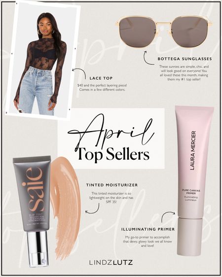 My April Top Sellers 🤍 The best of April: Bottega Veneta sunglasses, lace top from Revolve, Saie Slip Tint & the Laura Mercier Pure Canvas Primer 

#LTKbeauty #LTKstyletip