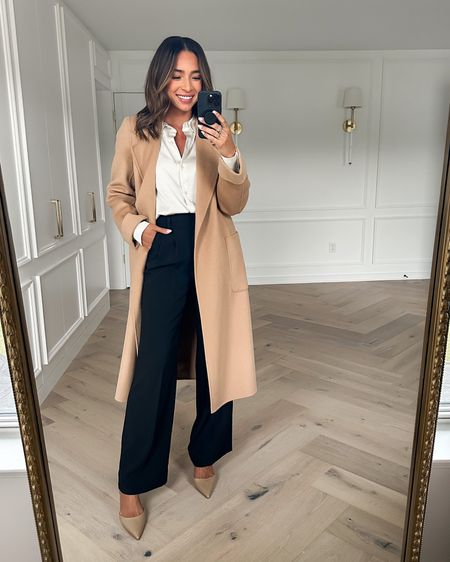 Nordstrom anniversary sale outfit 🖤 wearing a 4 in tan wool coat (runs small), small in cream button up (tts), 4 in wide leg pants (runs small in waist) and nude pumps run tts.

#LTKxNSale #LTKunder100 #LTKstyletip