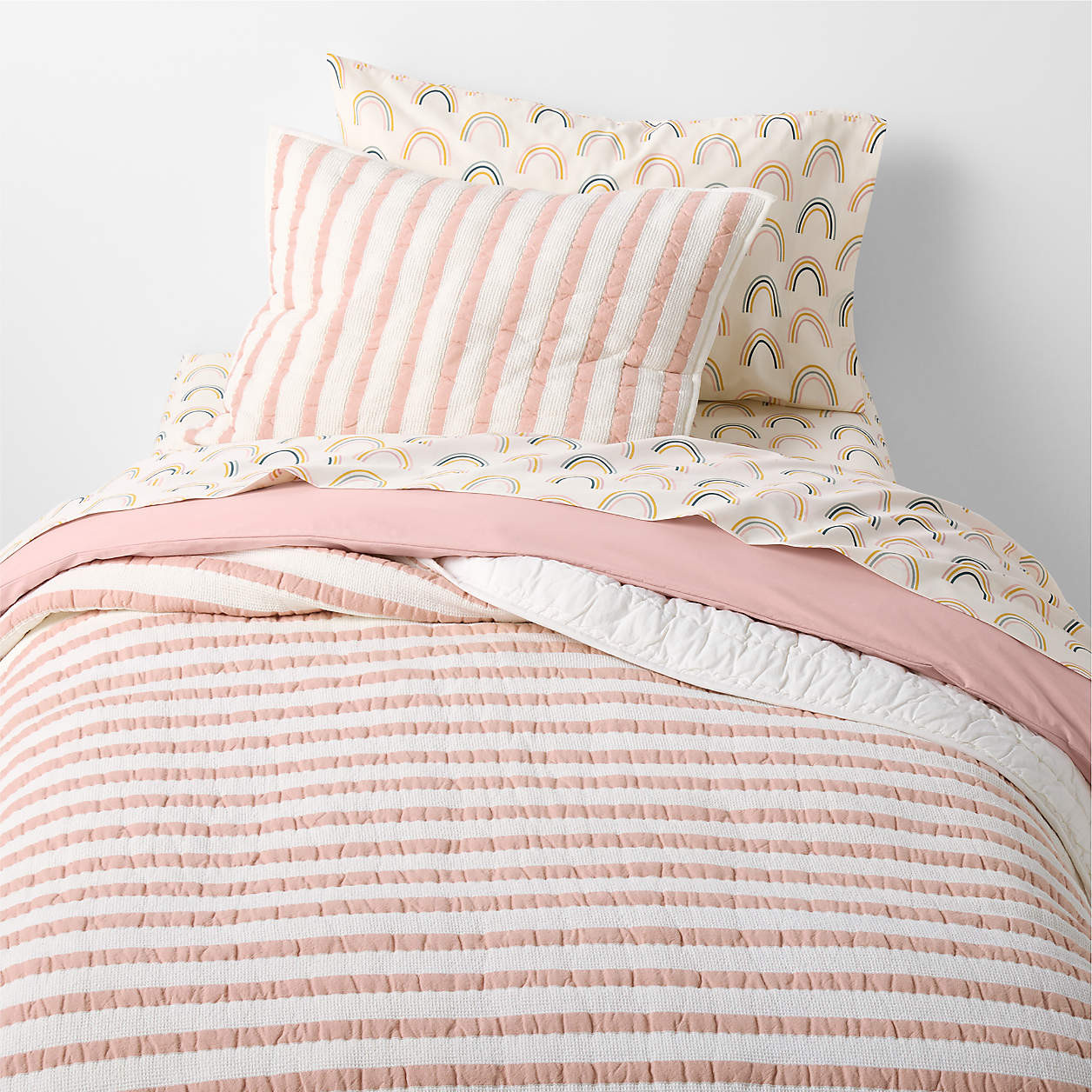 Pink Striped Waffle Weave 100% Organic Cotton Kids Twin Quilt + Reviews | Crate & Kids | Crate & Barrel