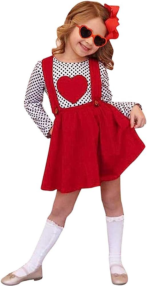 Toddler Baby Girl Valentine's Day Outfit Long Sleeve Dot Heart Shirt Top+Suspender Strap Red Skir... | Amazon (US)