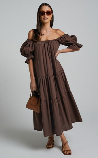 Zaharrah Midi Dress - Tiered Dress in Chocolate Linen Look | Showpo (US, UK & Europe)