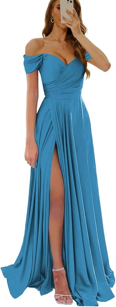 Amazon.com: Wirunsy Women's Pleated Satin Prom Dresses Long Off Shoulder Bridesmaid Dress for Wed... | Amazon (US)