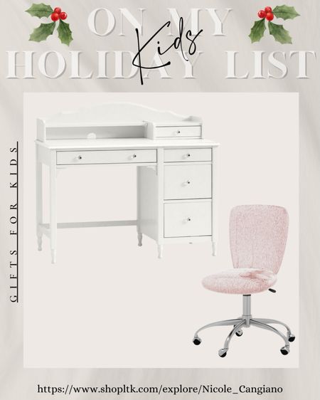 My daughter is in 3rd grade and wanted her own desk. So I found this beautiful white and she’s going to live this pink faux fur chair!! So adorable. 

Kids Christmas gift, big girl room, girls room



#LTKkids #LTKGiftGuide #LTKHoliday