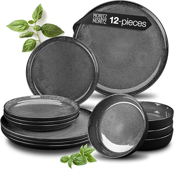 Moritz & Moritz VIDA 12-Piece Porcelain Dinnerware Set for 6, Modern Grey Plates and Bowls Set, D... | Amazon (US)