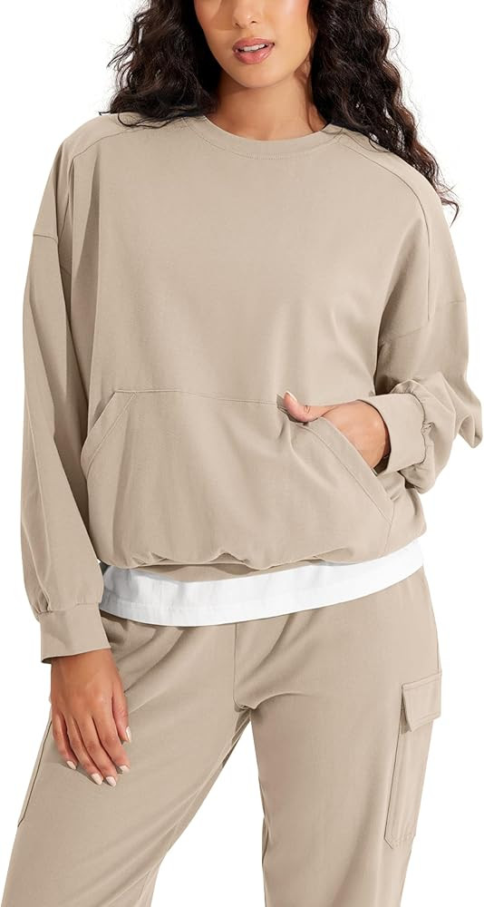 ODODOS Purevibe Cotton Oversized Sweatshirts, Women's Crew Neck Long Sleeve Pullover Tops with Ka... | Amazon (US)