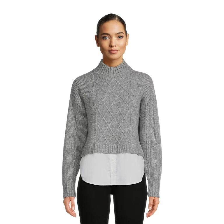 Time and Tru Women's Cable Knit Poplin Layer-Look Sweater, Sizes XS-XXXL | Walmart (US)