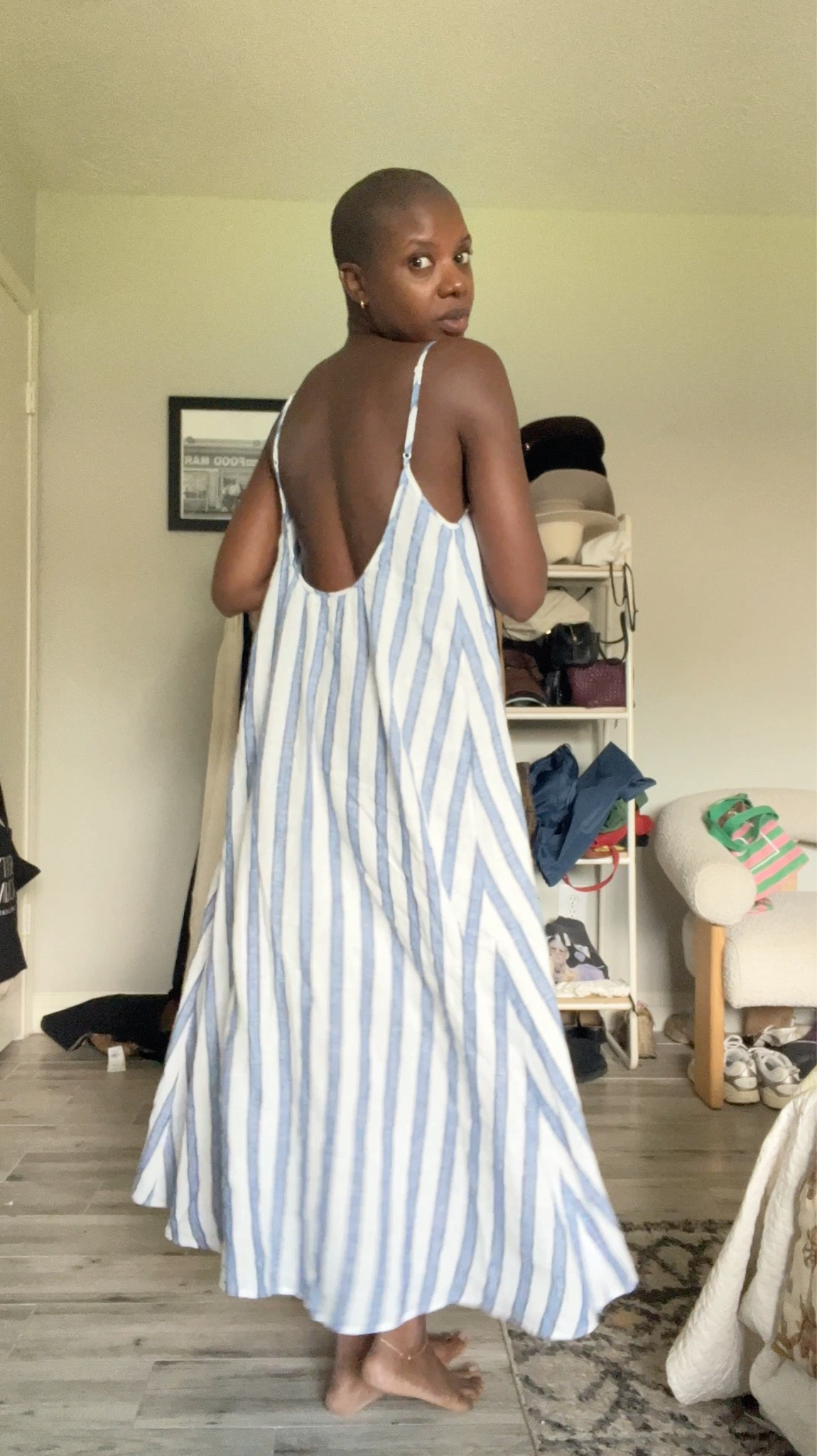 Vacation dress! Blue and white striped linen dress with adjustable straps and low back. ￼

#LTKdayinmylife