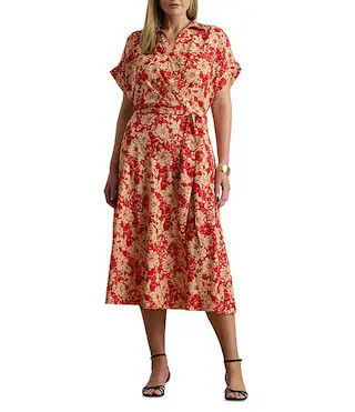 Plus Size Crepe de Chine Spread Collar Short Sleeve Belted Floral Midi Dress | Dillard's