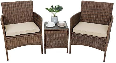 SUPER DEAL 3 Pieces Patio Conversation Furniture Set Outdoor All Weather Wicker Table Chairs with Cu | Amazon (US)