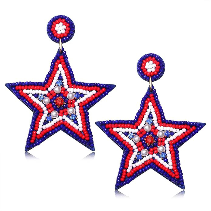 American Flag Earrings 4th of July Earrings for Women Beaded Heart Star Flag Dangle Drop Earrings... | Amazon (US)