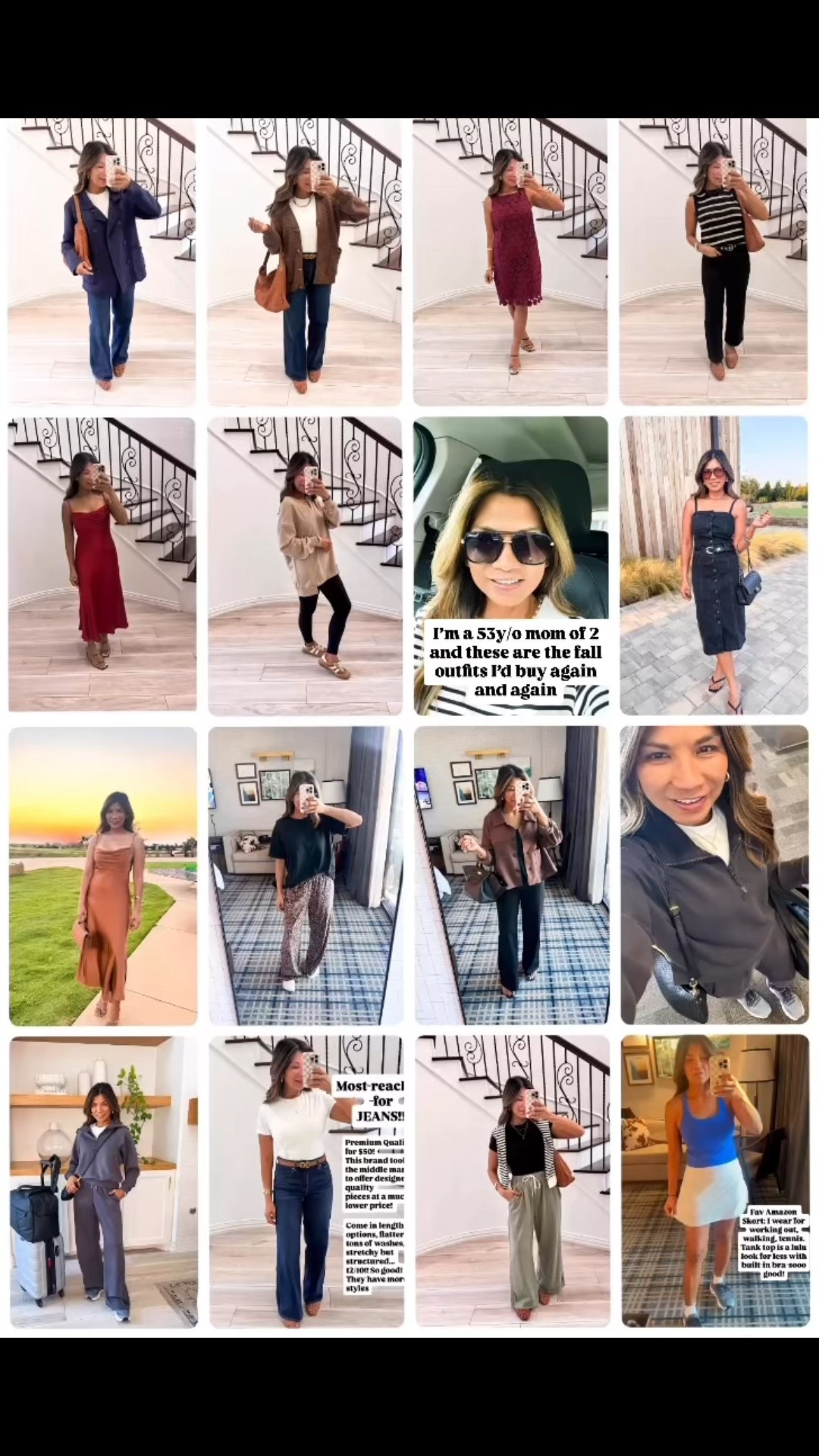 For reference I’m 5’2” 118#
Jeans in Midnight Blue and Black  fit tts(in size 2, 30” inseam). 
Cropped Black jeans size down(wearing size 25 in inseam 26”).
All tops in small tts.
Wide leg pants in XS tts. 
Amazon travel set in size small: petite length. 
Walmart Travel set: top in small, joggers in XS. 
All dresses including denim dress in size XS. 
Cardigan size small.
Faux suede jacket size small (loose fit).
Velour Pajamas size XS; black sleep tee in size small.
All shoes and sandals tts.
Fall outfits, fall dresses, Amazon finds, jeans, gala dress, work outfits, workwear, casual fall outfits, Wedding guest dress, SpecialOccasions, events dress, formal dress, Gala, Mother of the Bride, Mother of the Groom, style over 50, fashion over 40. 

#LTKWorkwear #LTKStyleTip #LTKWedding