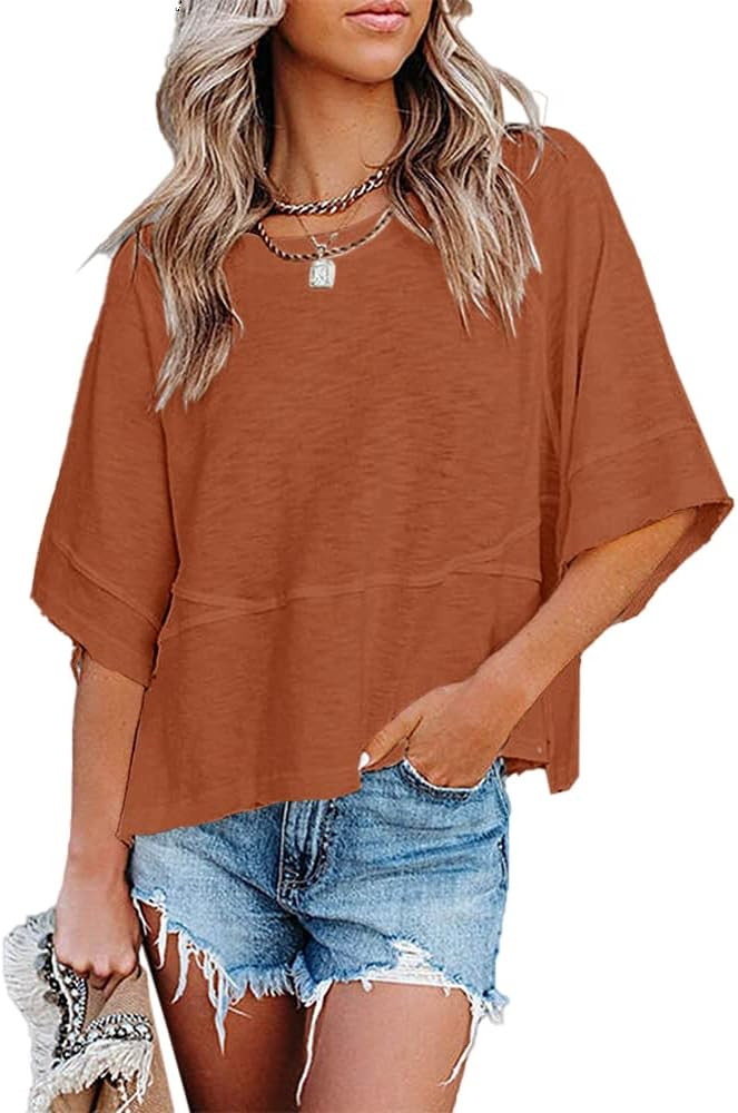 Women's Summer Casual Crewneck Batwing Half Sleeve T-Shirts Solid Color Loose Fit Cute Basic Flow... | Amazon (US)
