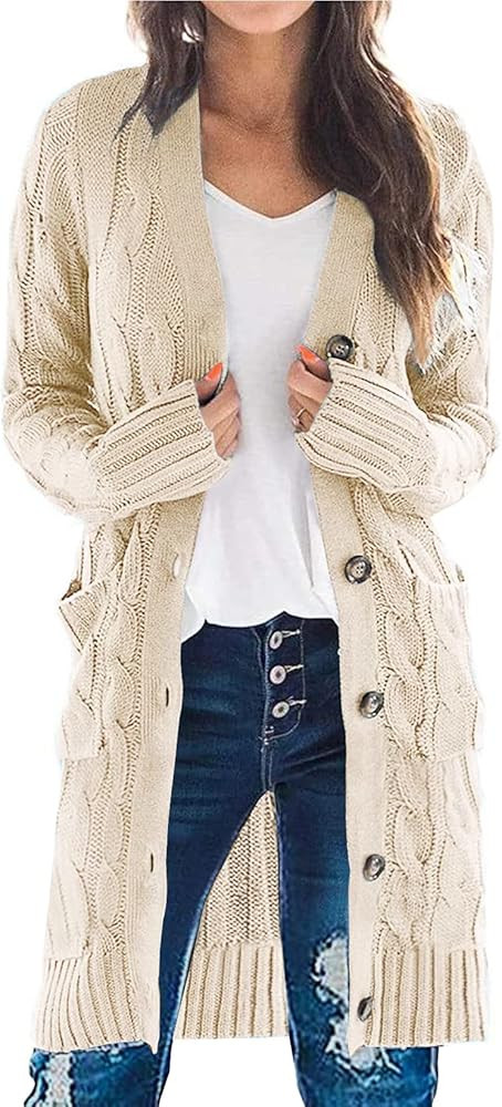 PRETTYGARDEN Women Long Sleeve Cable Knit Button Down Midi Long Cardigan Sweater Open Front Chunky K | Amazon (US)
