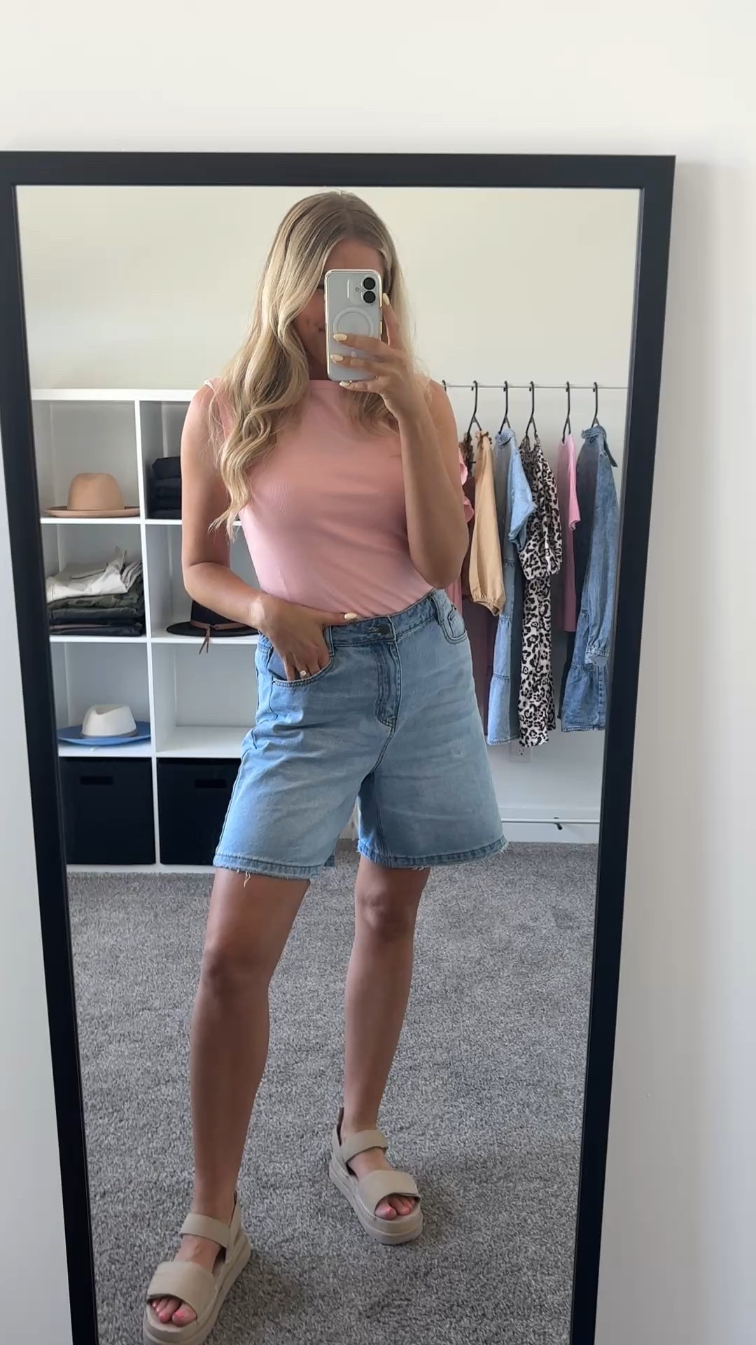 summer outfit! 
top: true to size, lots of colors
Jean shorts: wearing usual M
Sandals: true to size

| summer outfit | jean shorts | mid length shorts | women’s sandals 