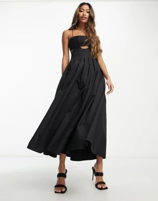 ASOS DESIGN cotton structured midi dress with ruched bust and pleat skirt in black | ASOS (Global)