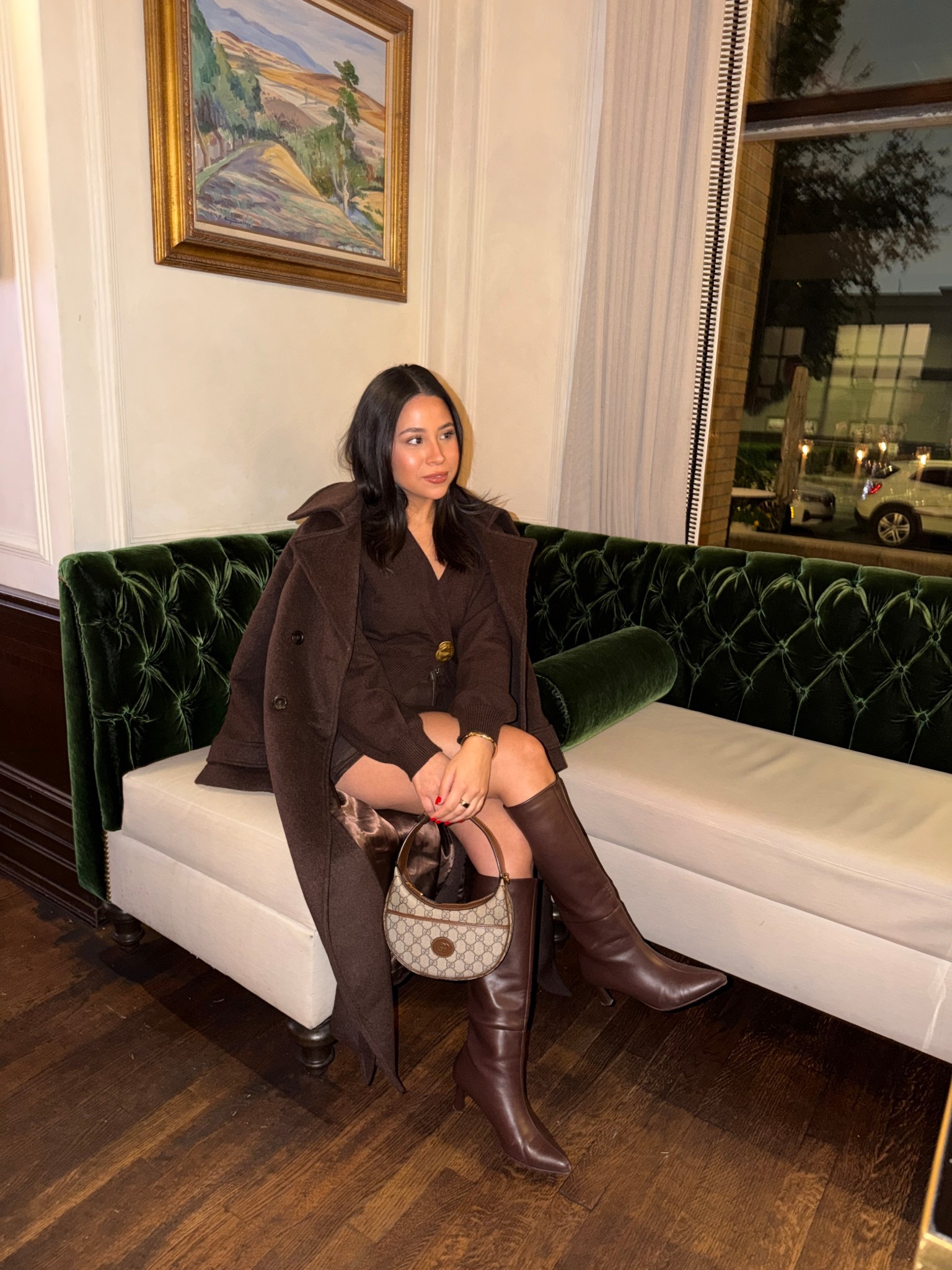 Brown cardigan: xs 
Brown skirt: 26 
Brown boots: 6.5 
Coat: small petite 

#LTKPetite #LTKFindsUnder100 #LTKSaleAlert