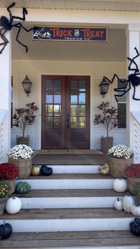 Front porch and door decor fall autumn harvest seasonal entry French double doors oversized layered scatter rug and doormat pumpkin magnolia trees faux artificial silk florals mums baskets wreaths outdoor lanterns wall sconces rocking chairs light fixtures southern modern farmhouse style home decor nearly natural amazon finds Etsy wayfair marshalls TJ Maxx home goods Walmart autumn oak trees Halloween spiders porch spooky season scary front door decor

#LTKHalloween #LTKSeasonal #LTKhome