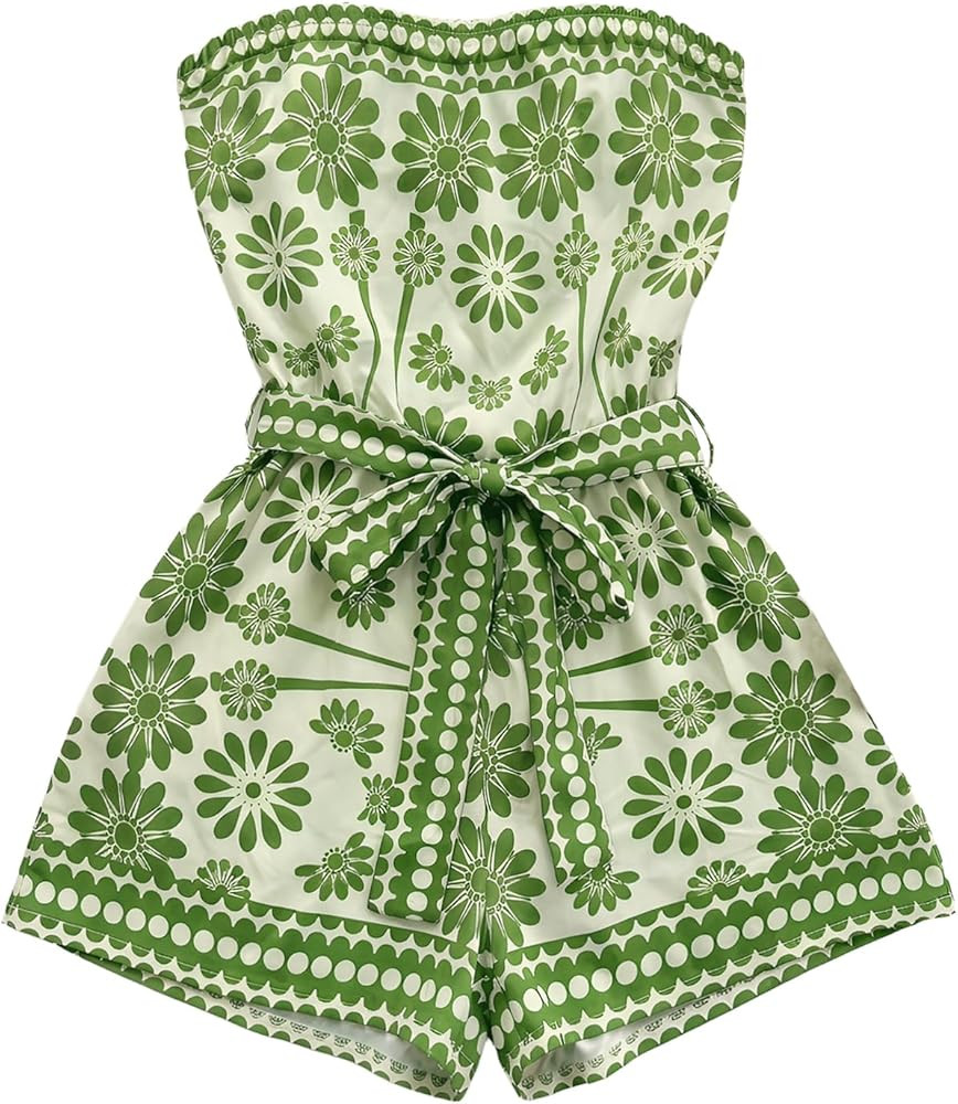 SweatyRocks Women's Boho Floral Print Strapless Romper Sleeveless Belted Shorts Jumpsuit Beach Va... | Amazon (US)