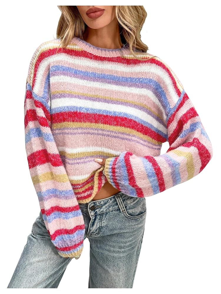 OYOANGLE Women's Colorful Striped Sweater Lightweight Long Sleeve Crewneck Pullover Jumper Tops | Amazon (US)