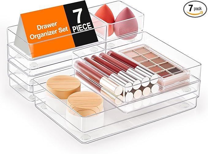 SMARTAKE 7-Piece Drawer Organizer with Non-Slip Silicone Pads, 4-Size Desk Drawer Organizer Trays... | Amazon (US)