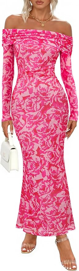 MEROKEETY Women's Fall Off Shoulder Floral Maxi Dresses Formal Long Sleeve Bodycon Cocktail Weddi... | Amazon (US)