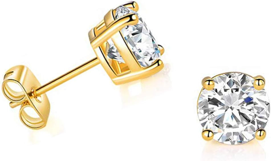 Solid 14K Yellow Gold Round Cubic Zirconia Stud Earrings, Push Backs | Amazon (US)