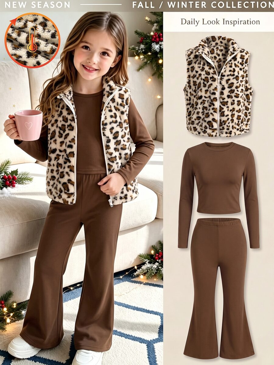 SHEIN Vintaside Kids Tween Girls 3 Piece Outfits Beige Brown Fluffy Fleece Vest Long Sleeve Top And Flare Leg Pants Set Fall Winter Clothing School Vacation Cute | SHEIN