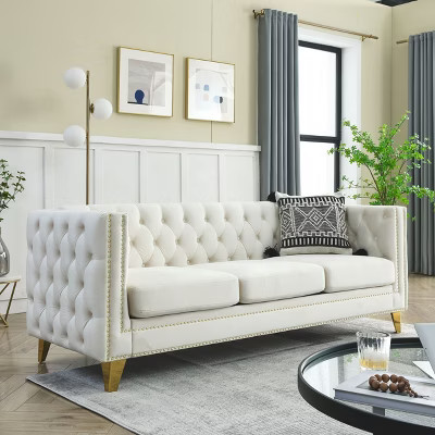 Living Room Modern Velvet Sofa With Button Tufted Square Arms And Metal Legs, Beige - ModernLuxe | Target