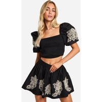 Womens Embroidered Puff Sleeve Top - Black - 2 | boohoo (US & Canada)