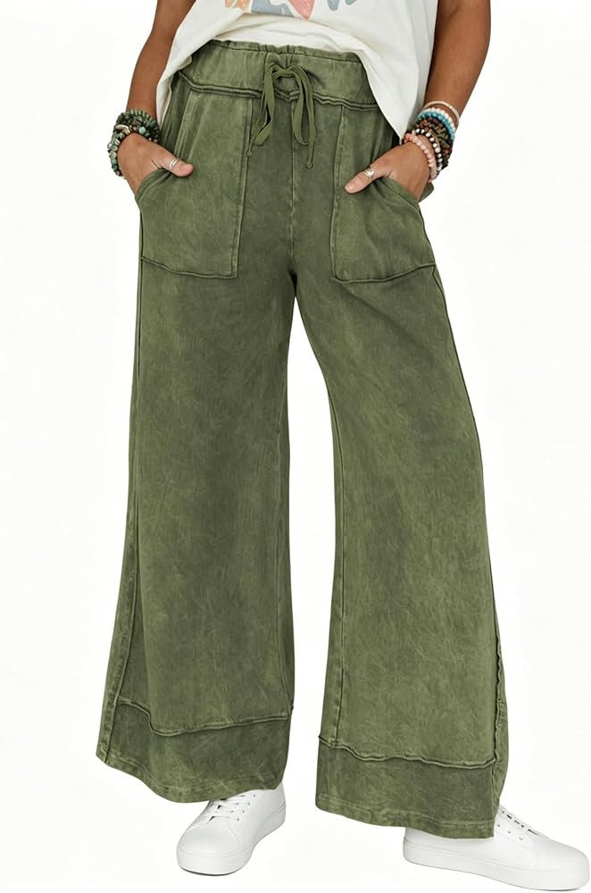 Athlisan Womens Casual Wide Leg Sweatpants Acid Wash Elastic Waisted Palazzo Pants Trousers with ... | Amazon (US)