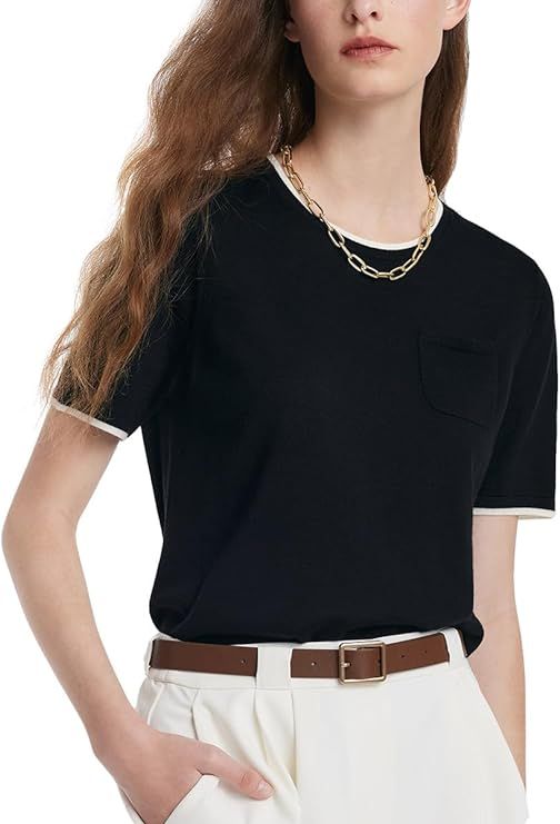 GOELIA 100% Pure Wool Women Summer Tops Trendy Crew Neck Short Sleeve Front Pocket Loose Fit Knit... | Amazon (US)