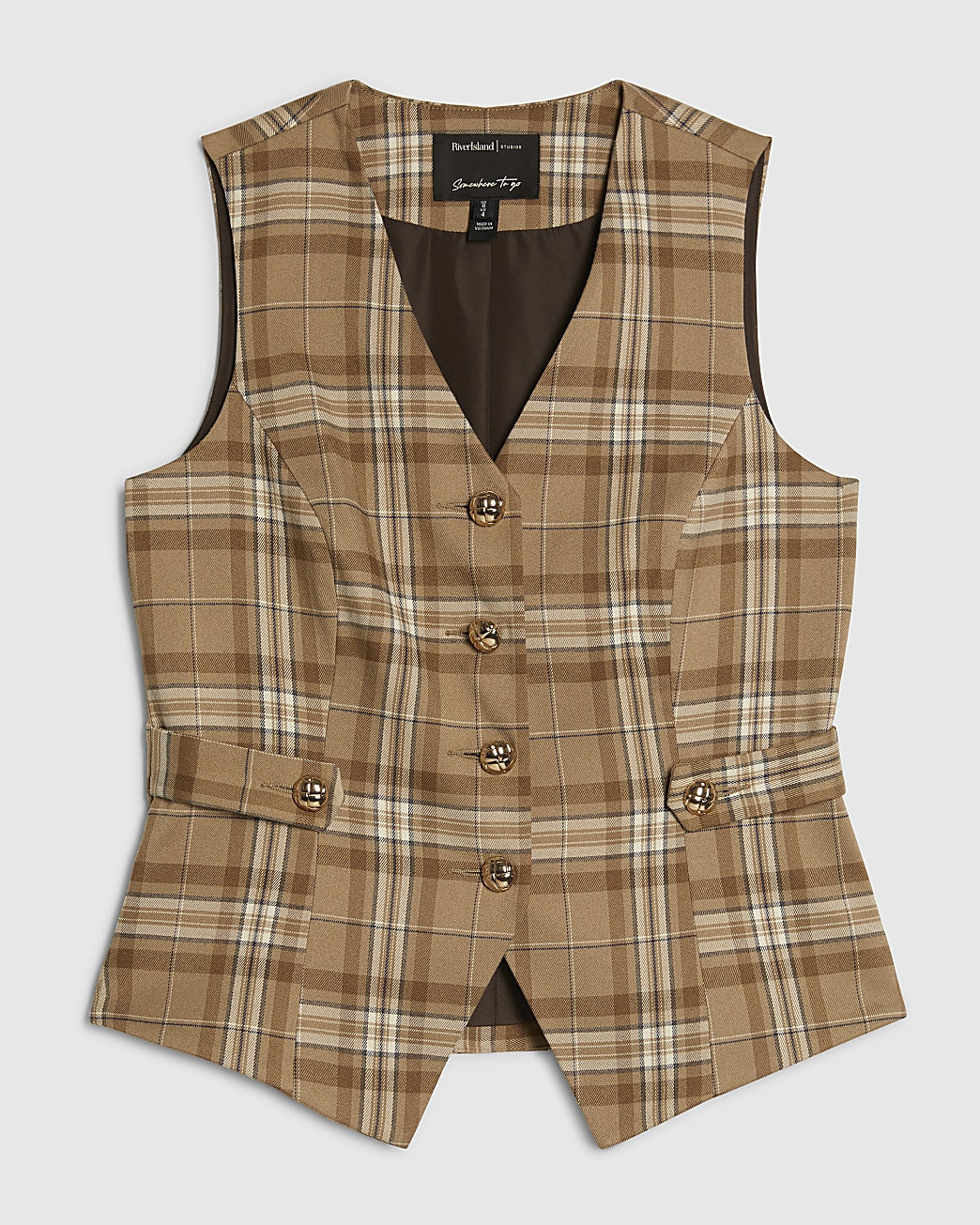 Beige Checked Cinched Waist Waistcoat | River Island UK & IE