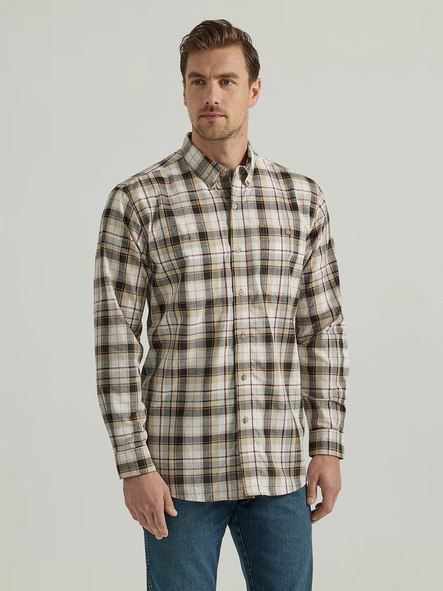 Wrangler Rugged Wear® Long Sleeve Easy Care Plaid Button-Down Shirt in Khaki | Wrangler