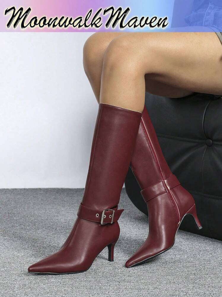 Fall/Winter Match With Dresses,Women's Fashion Comfortable Elegant Versatile Bordeaux Red Stiletto Pointed Toe Short Booties, Knee-High Boots, Mid-Calf Boots, Over-The-Knee High Boots,Kitten Heels | SHEIN