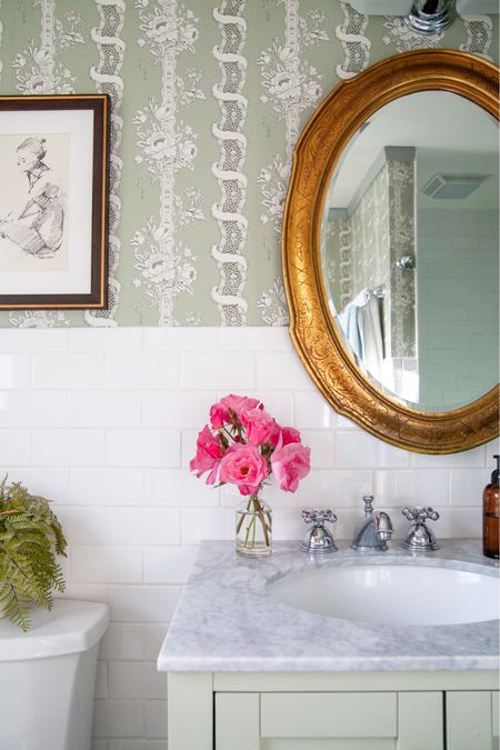 Glad I swapped the mirrors out for this one. The wicker was cute, but the vintage gold is… pretty. Just doing what I can with this bathroom we renovated in all grey and white in 2019! Sources tagged and linked in LTK.

#LTKhome