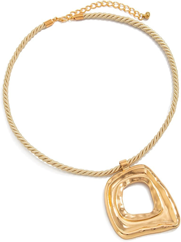 PLOUTOS Statement Modern Geometric Hollow Square Pendant Rope Chain Necklace for Women Bold Fashion Layering Collarbone Jewelry Party Wear Accessory | Amazon (US)
